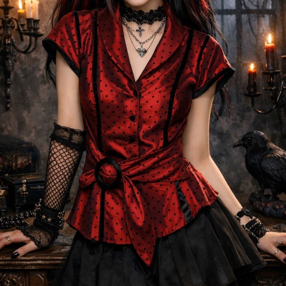 Vintage Whimsigoth Dark Romance Red‎ Satin Polka Dot Belted Blouse Structured SM